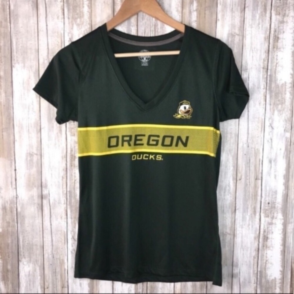 Oregon Ducks Women’s V Neck Tee Green Yellow NCAA Shirt Small Game Day Top